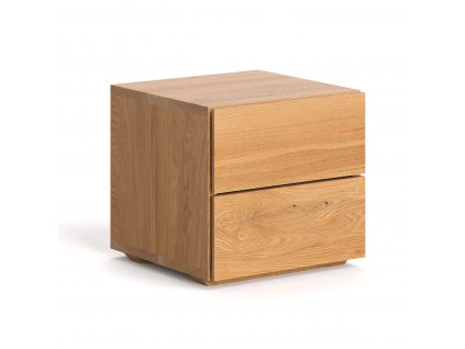 Noční stolek v designu kostky ze dřeva se dvěma zásuvkami, pohled z boku.
