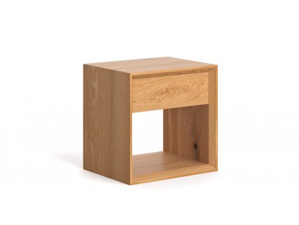 Pohled na moderní, dřevěný noční stolek v minimalistickém designu s úložným prostorem, pohled zboku.