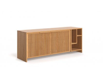 Komoda z masivu dubu Conte s velkým úložným prostorem, moderním vzhledem a dlouhou vrchní deskou, pohled zboku.